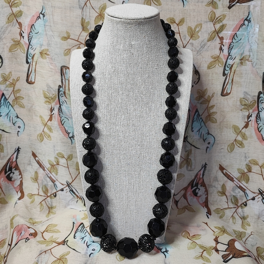 Black Enamel Filigree Open Work Beads Mourning Vintage Acrylic Faceted Necklace